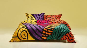 Stunning photograph of African black Ankara print patterns in yellow, purple, red, green, orange, and black photo