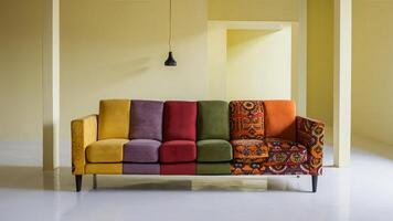 Stunning photograph of African black Ankara print patterns in yellow, purple, red, green, orange, and black photo