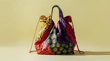 Stunning photograph of African black Ankara print patterns in yellow, purple, red, green, orange, and black photo