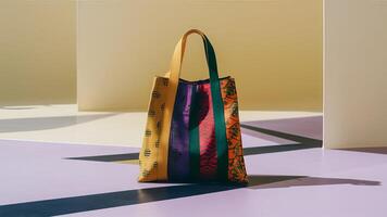 Stunning photograph of African black Ankara print patterns in yellow, purple, red, green, orange, and black photo