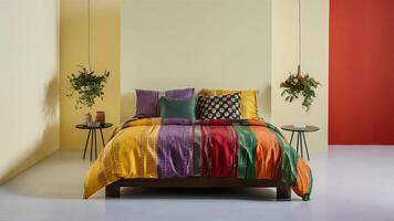 Stunning photograph of African black Ankara print patterns in yellow, purple, red, green, orange, and black photo