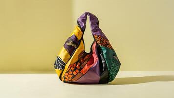 Stunning photograph of African black Ankara print patterns in yellow, purple, red, green, orange, and black photo