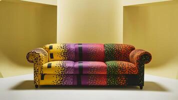 Stunning photograph of African black Ankara print patterns in yellow, purple, red, green, orange, and black photo
