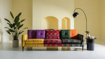 Stunning photograph of African black Ankara print patterns in yellow, purple, red, green, orange, and black photo