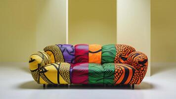 Stunning photograph of African black Ankara print patterns in yellow, purple, red, green, orange, and black photo