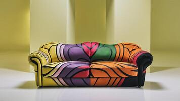 Stunning photograph of African black Ankara print patterns in yellow, purple, red, green, orange, and black photo