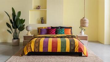 Stunning photograph of African black Ankara print patterns in yellow, purple, red, green, orange, and black photo