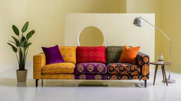 Stunning photograph of African black Ankara print patterns in yellow, purple, red, green, orange, and black photo