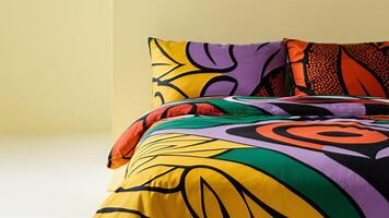 Stunning photograph of African black Ankara print patterns in yellow, purple, red, green, orange, and black photo