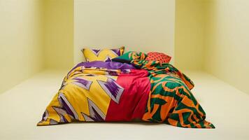 Stunning photograph of African black Ankara print patterns in yellow, purple, red, green, orange, and black photo