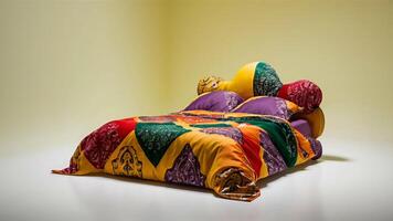 Stunning photograph of African black Ankara print patterns in yellow, purple, red, green, orange, and black photo
