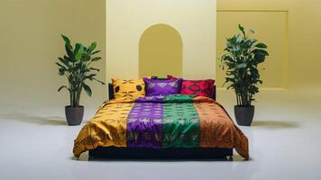 Stunning photograph of African black Ankara print patterns in yellow, purple, red, green, orange, and black photo
