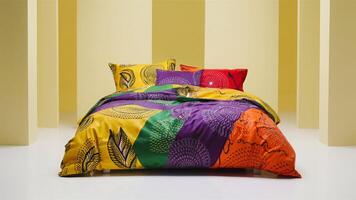 Stunning photograph of African black Ankara print patterns in yellow, purple, red, green, orange, and black photo