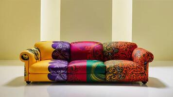 Stunning photograph of African black Ankara print patterns in yellow, purple, red, green, orange, and black photo