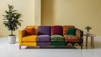 Stunning photograph of African black Ankara print patterns in yellow, purple, red, green, orange, and black photo