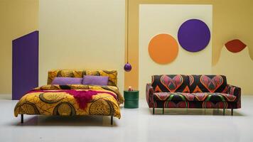Stunning photograph of African black Ankara print patterns in yellow, purple, red, green, orange, and black photo
