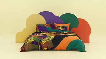 Stunning photograph of African black Ankara print patterns in yellow, purple, red, green, orange, and black photo