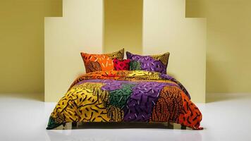 Stunning photograph of African black Ankara print patterns in yellow, purple, red, green, orange, and black photo