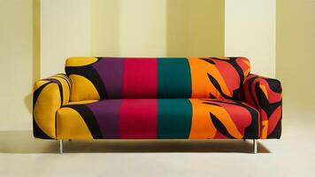 Stunning photograph of African black Ankara print patterns in yellow, purple, red, green, orange, and black photo