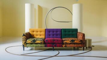 Stunning photograph of African black Ankara print patterns in yellow, purple, red, green, orange, and black photo
