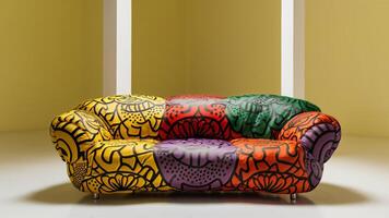 Stunning photograph of African black Ankara print patterns in yellow, purple, red, green, orange, and black photo