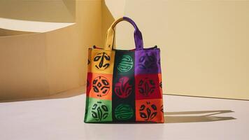 Stunning photograph of African black Ankara print patterns in yellow, purple, red, green, orange, and black photo