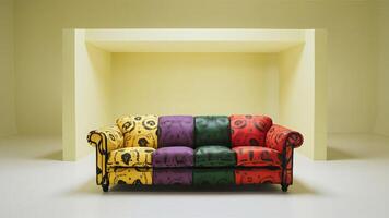 Stunning photograph of African black Ankara print patterns in yellow, purple, red, green, orange, and black photo