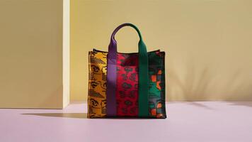 Stunning photograph of African black Ankara print patterns in yellow, purple, red, green, orange, and black photo