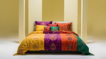 Stunning photograph of African black Ankara print patterns in yellow, purple, red, green, orange, and black photo