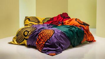 Stunning photograph of African black Ankara print patterns in yellow, purple, red, green, orange, and black photo