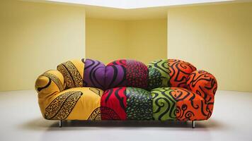 Stunning photograph of African black Ankara print patterns in yellow, purple, red, green, orange, and black photo