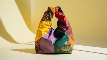 Stunning photograph of African black Ankara print patterns in yellow, purple, red, green, orange, and black photo