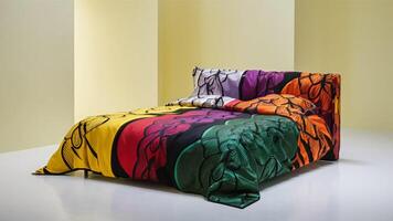 Stunning photograph of African black Ankara print patterns in yellow, purple, red, green, orange, and black photo