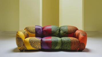Stunning photograph of African black Ankara print patterns in yellow, purple, red, green, orange, and black photo