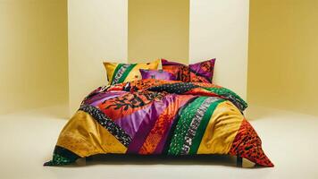 Stunning photograph of African black Ankara print patterns in yellow, purple, red, green, orange, and black photo