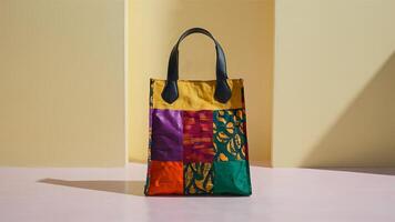 Stunning photograph of African black Ankara print patterns in yellow, purple, red, green, orange, and black photo