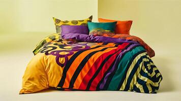 Stunning photograph of African black Ankara print patterns in yellow, purple, red, green, orange, and black photo