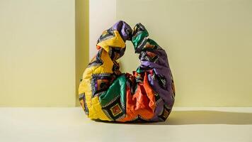 Stunning photograph of African black Ankara print patterns in yellow, purple, red, green, orange, and black photo