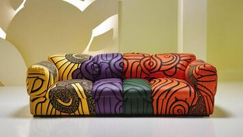 Stunning photograph of African black Ankara print patterns in yellow, purple, red, green, orange, and black photo