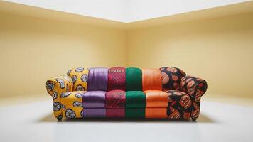 Stunning photograph of African black Ankara print patterns in yellow, purple, red, green, orange, and black photo