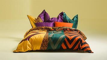 Stunning photograph of African black Ankara print patterns in yellow, purple, red, green, orange, and black photo