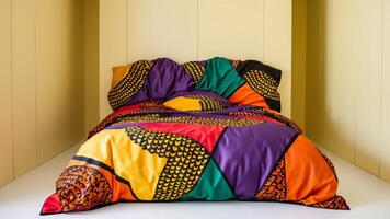 Stunning photograph of African black Ankara print patterns in yellow, purple, red, green, orange, and black photo