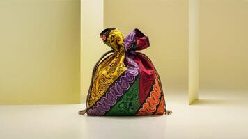 Stunning photograph of African black Ankara print patterns in yellow, purple, red, green, orange, and black photo