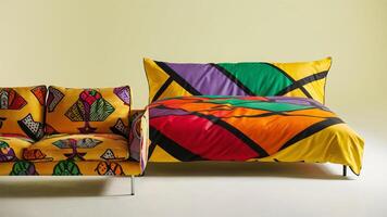 Stunning photograph of African black Ankara print patterns in yellow, purple, red, green, orange, and black photo