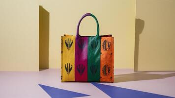 Stunning photograph of African black Ankara print patterns in yellow, purple, red, green, orange, and black photo