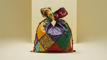 Stunning photograph of African black Ankara print patterns in yellow, purple, red, green, orange, and black photo