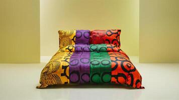 Stunning photograph of African black Ankara print patterns in yellow, purple, red, green, orange, and black photo