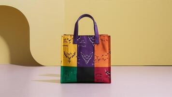 Stunning photograph of African black Ankara print patterns in yellow, purple, red, green, orange, and black photo