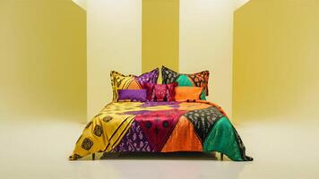 Stunning photograph of African black Ankara print patterns in yellow, purple, red, green, orange, and black photo