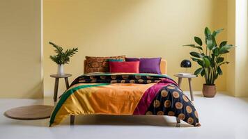 Stunning photograph of African black Ankara print patterns in yellow, purple, red, green, orange, and black photo